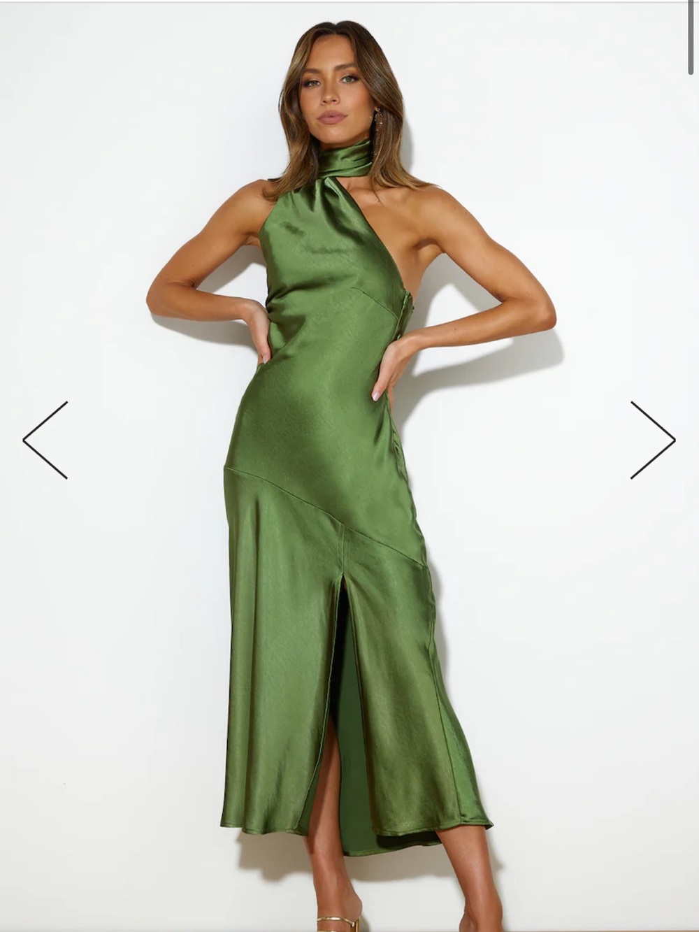 Hello Molly One-Shoulder Satin Midi Dress in Olive Green